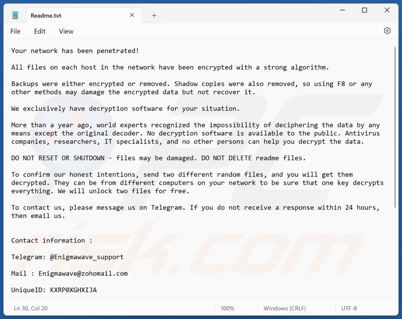 EnigmaWave ransomware losgeldbrief (Readme.txt)