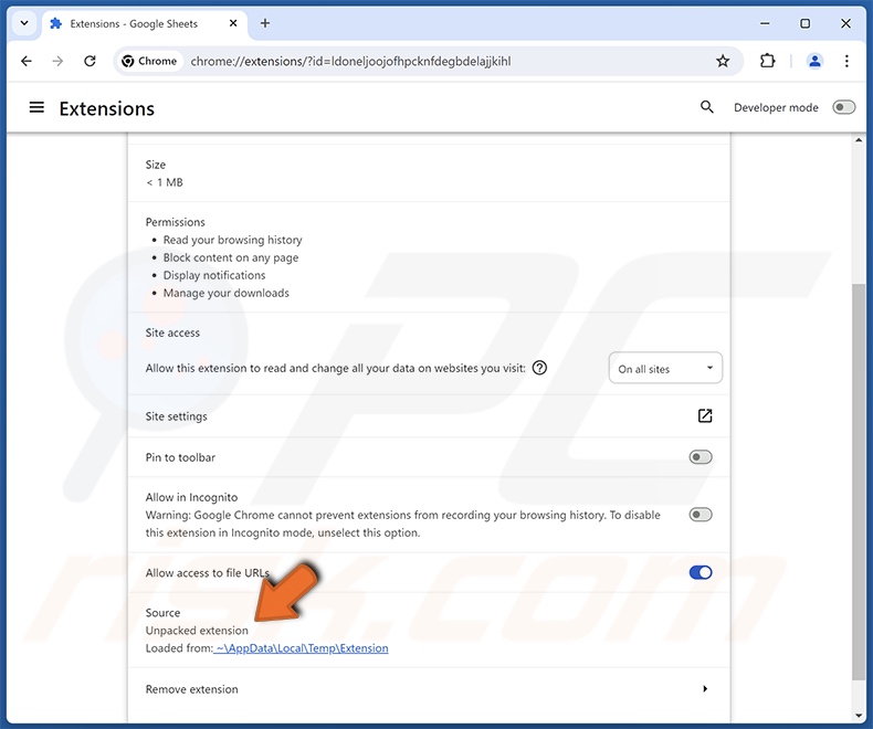 Details valse Google Sheets browserextensie (Chrome)