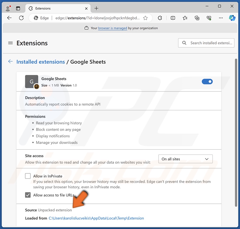 Details valse Google Sheets browserextensie (Edge)