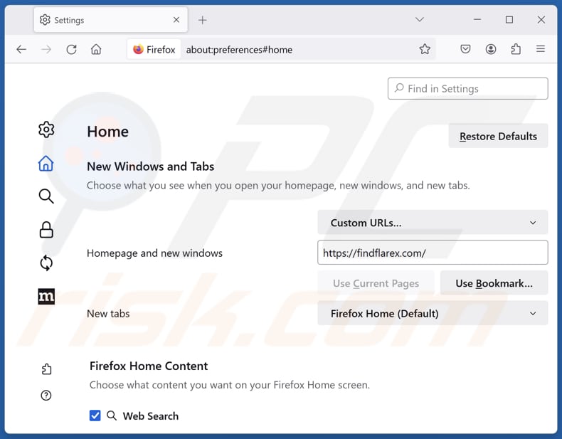 Findflarex.com uit de startpagina van Mozilla Firefox verwijderen