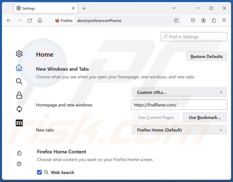 Findflarex.com uit de startpagina van Mozilla Firefox verwijderen