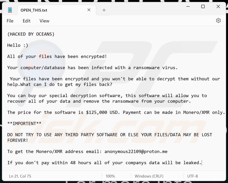 OCEANS ransomware tekstbestand (OPEN_THIS.txt)