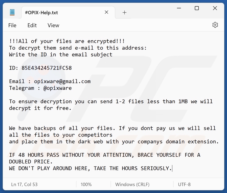 OPIX ransomware losgeldbrief (#OPIX-Help.txt)