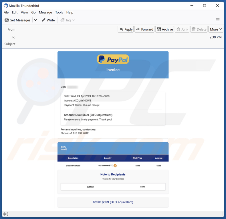 PayPal Crypto Purchase Invoice spam e-mailcampagne