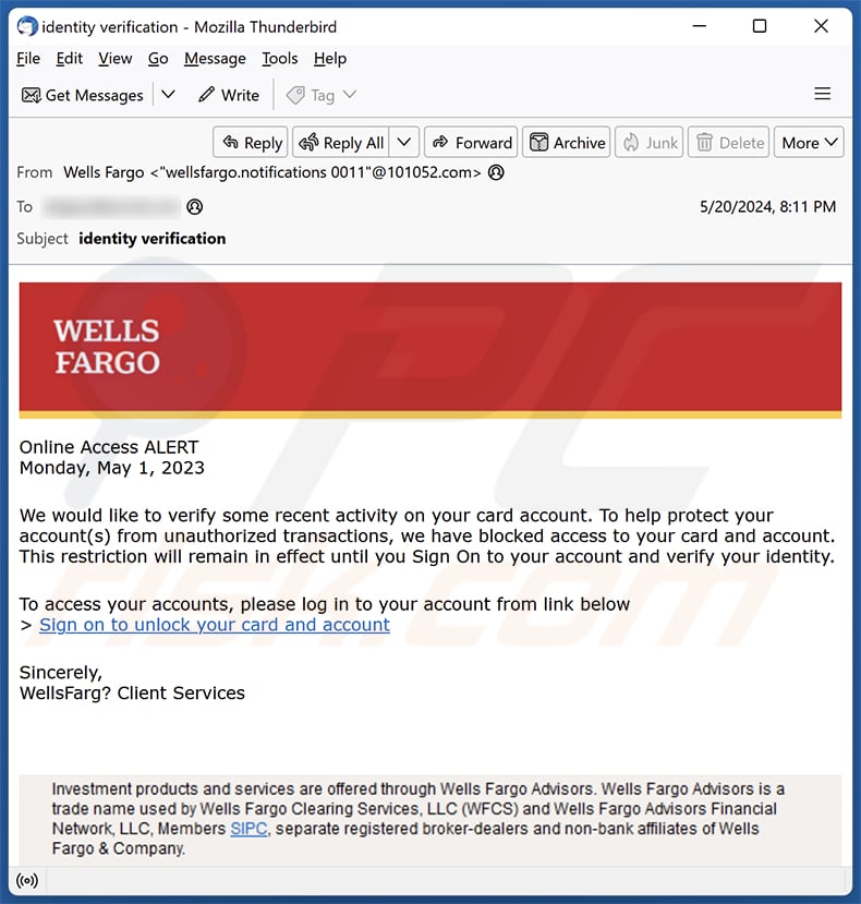 Wells Fargo - Card Activity Verification spam e-mailcampagne