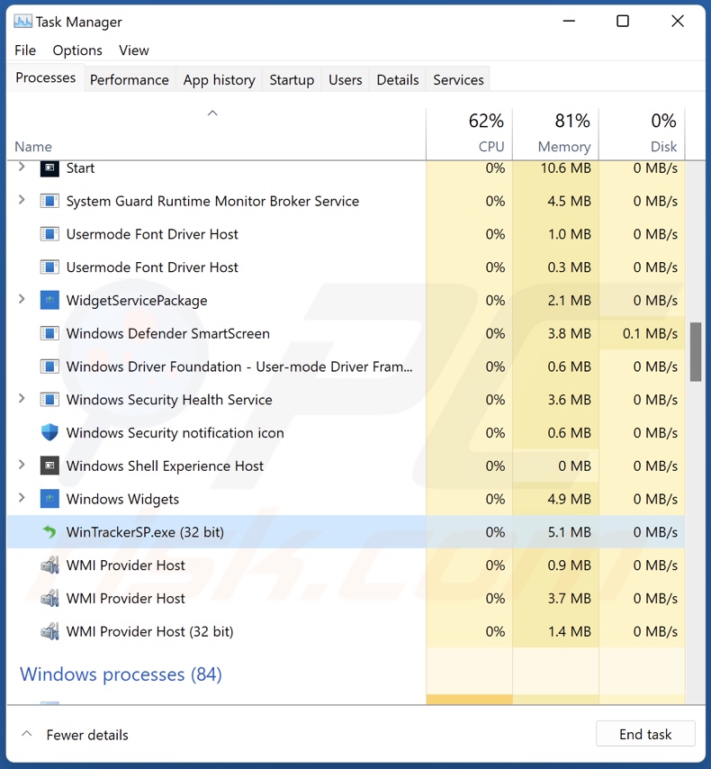 WinTrackerSP PUA proces in Taakbeheer (WinTrackerSP.exe - procesnaam)