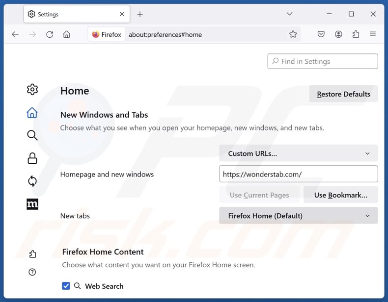 Verwijderen van wonderstab.com uit Mozilla Firefox startpagina