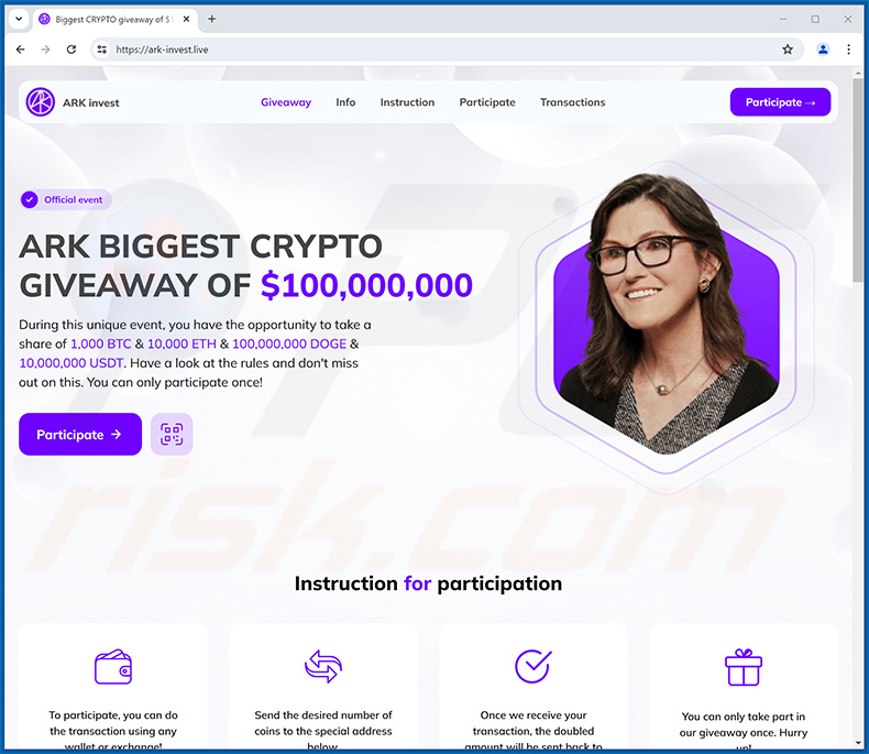 ARK Invest Crypto Giveaway oplichterij - ark-invest[.]live