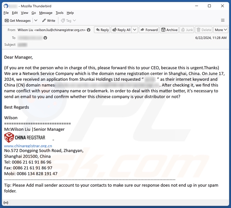 Conflict With Your Company Name Or Trademark spam e-mailcampagne