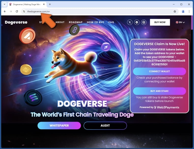 Verschijning van de echte Dogeverse website (thedogeverse[.]com)