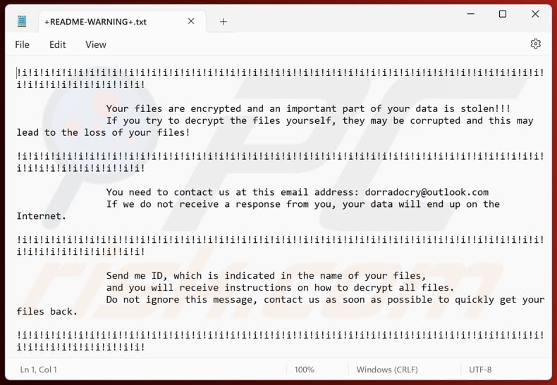 DORRA ransomware tekstbestand (+README-WARNING+.txt)