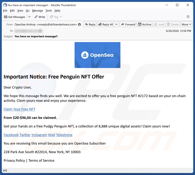 Verschijning van de spam e-mail die de Free Penguin NFT zwendel onderschrijft