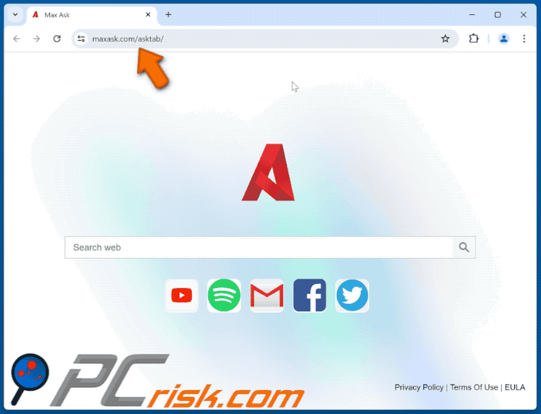 Max Ask browser hijacker verwijst naar maxask.com (GIF)