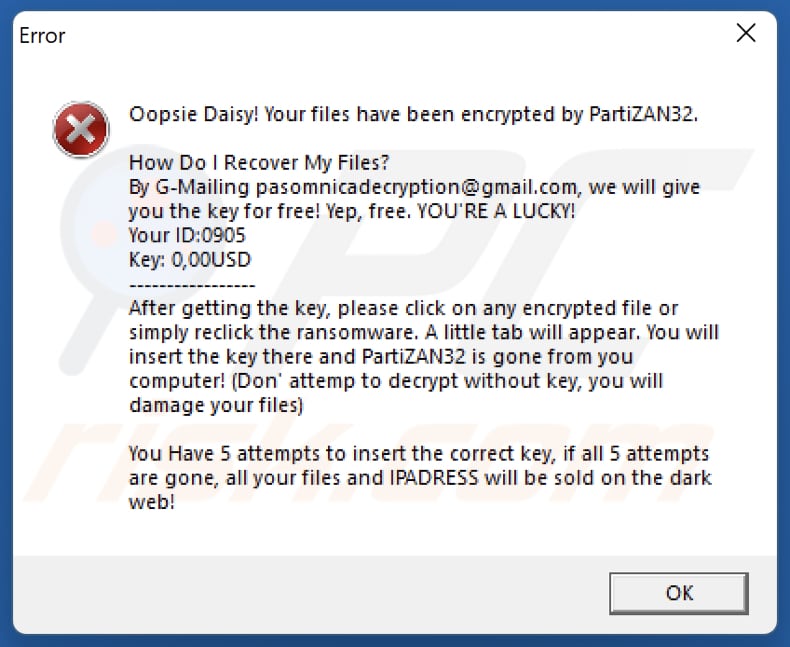 PartiZAN32 ransomware foutvenster
