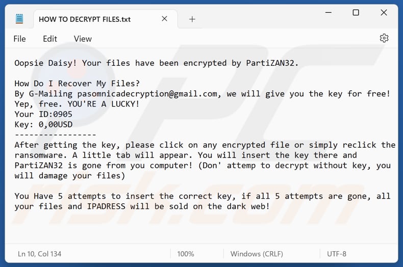 PartiZAN32 ransomware tekstbestand (HOW TO DECRYPT FILES.txt)