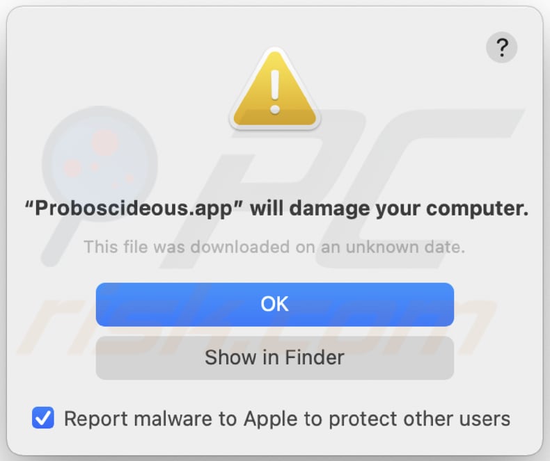 Proboscideous.app adware waarschuwing vóór installatie