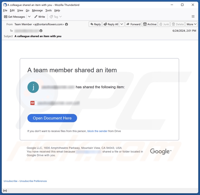 A Team Member Shared An Item spam e-mailcampagne