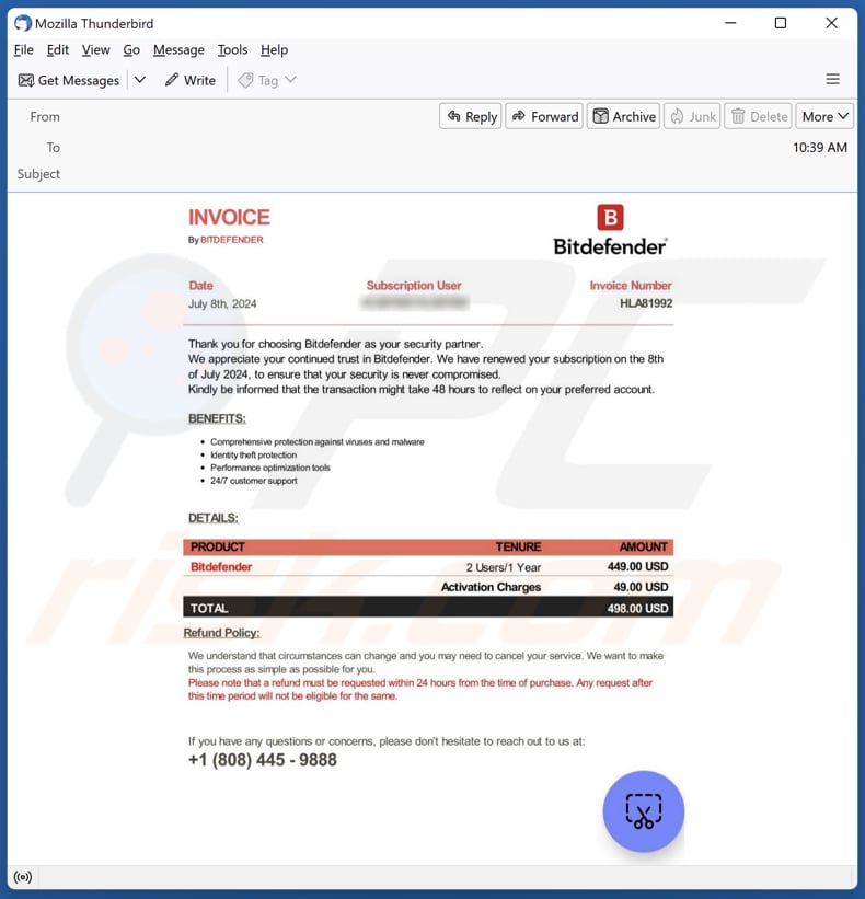 Bitdefender Subscription Renewal spam e-mailcampagne