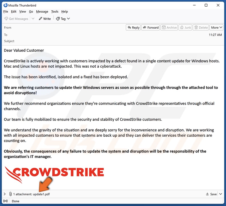 CrowdStrike scam e-mail verspreidt PDF die gegevenswisser verspreidt