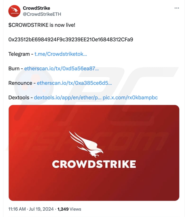 CrowdStrike zwendel tweet die de Crowdstrike token promoot