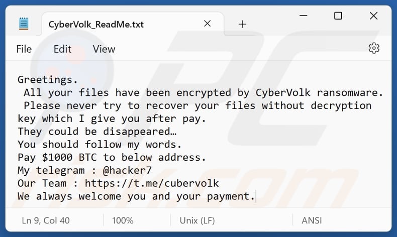 CyberVolk ransomware tekstbestand (CyberVolk_ReadMe.txt)