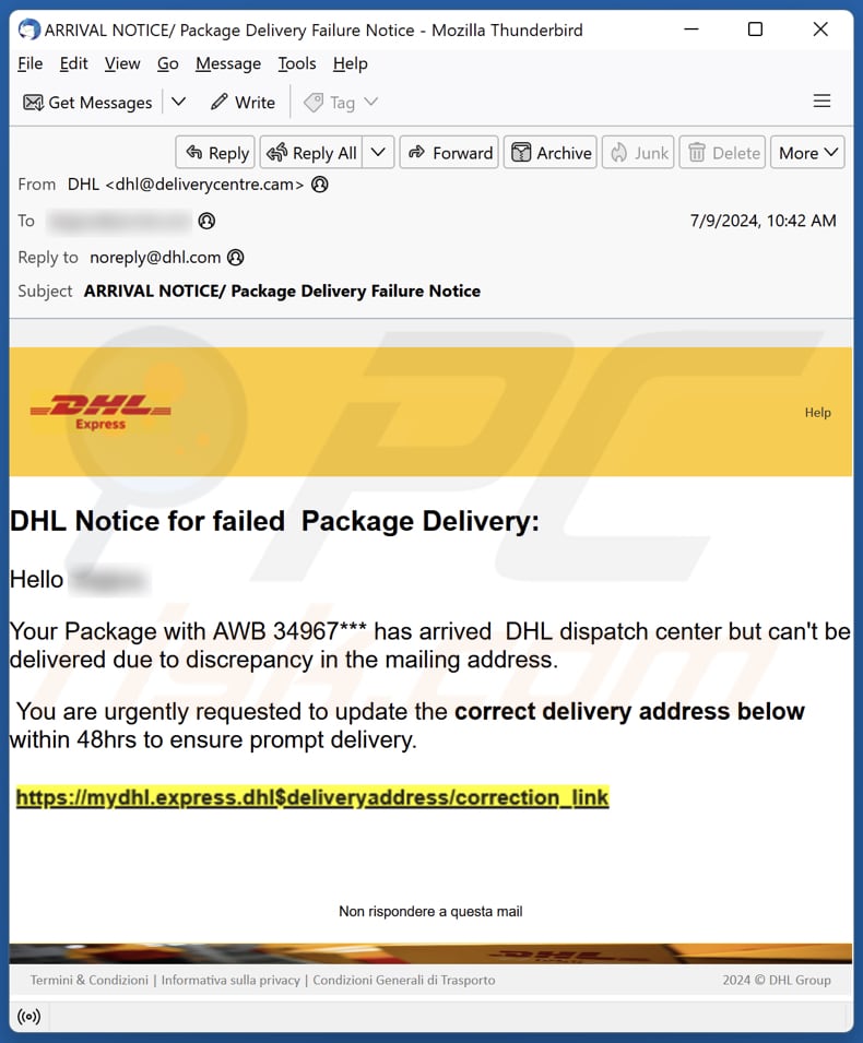 DHL - Notice For Failed Package Delivery spam e-mailcampagne