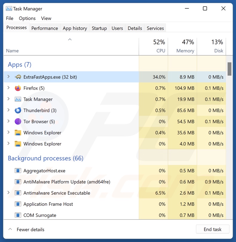 ExtraFastApps PUA proces in Taakbeheer (ExtraFastApps.exe - procesnaam)