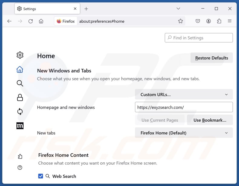 Exyzsearch.com verwijderen uit de startpagina van Mozilla Firefox