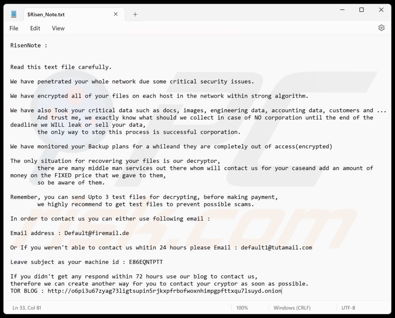 Risen ransomware tekstbestand ($Risen_Note.txt)