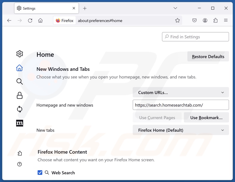 Search.homesearchtab.com uit de startpagina van Mozilla Firefox verwijderen