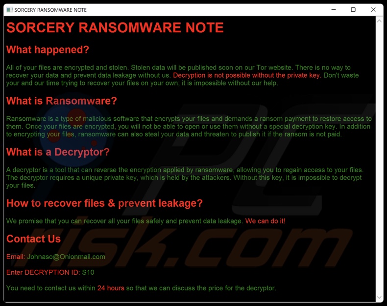 Sorcery ransomware losgeldbrief (README.hta)