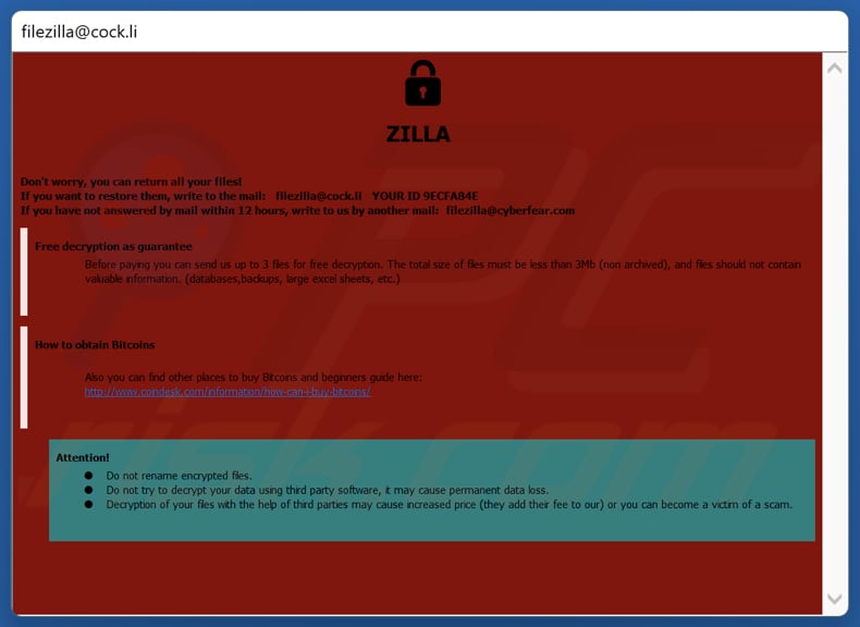 ZILLA ransomware losgeldbrief (pop-up window)