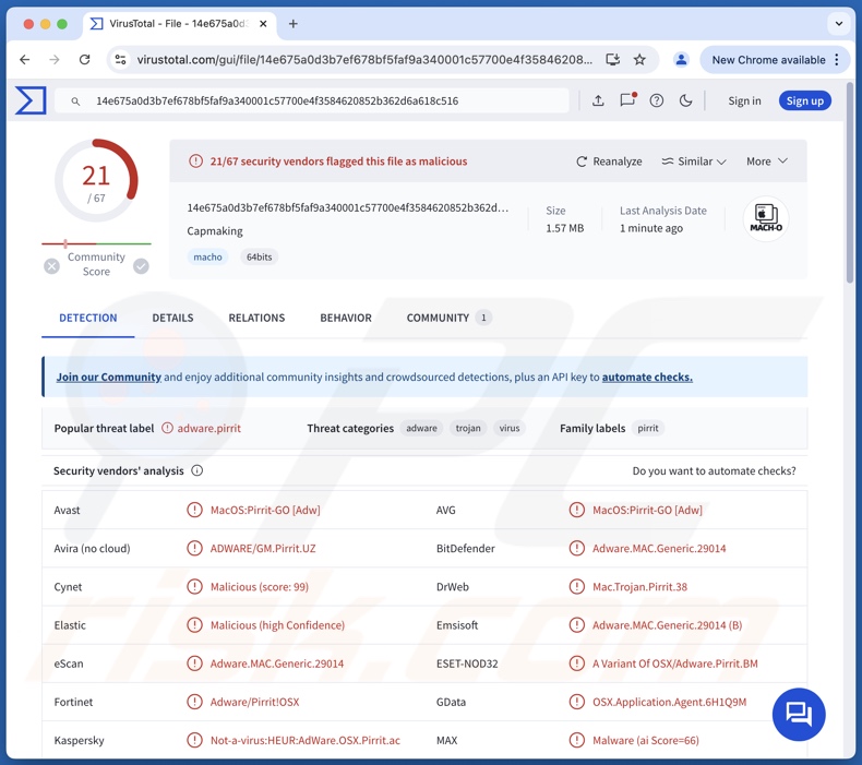 Capmaking.app adware-detecties op VirusTotal