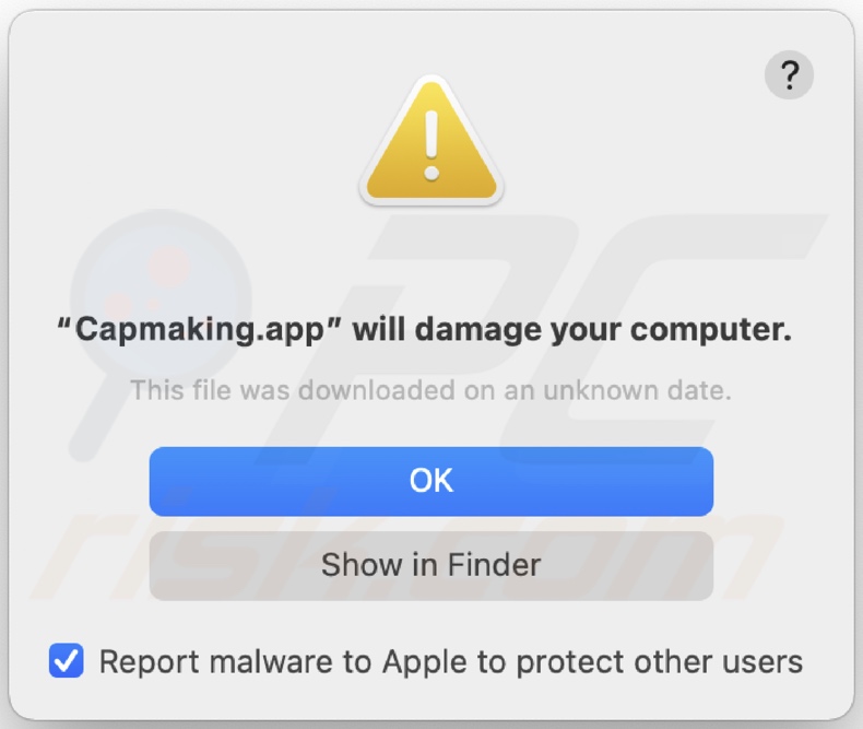 Pop-up weergegeven wanneer Capmaking.app adware is gedetecteerd op het systeem