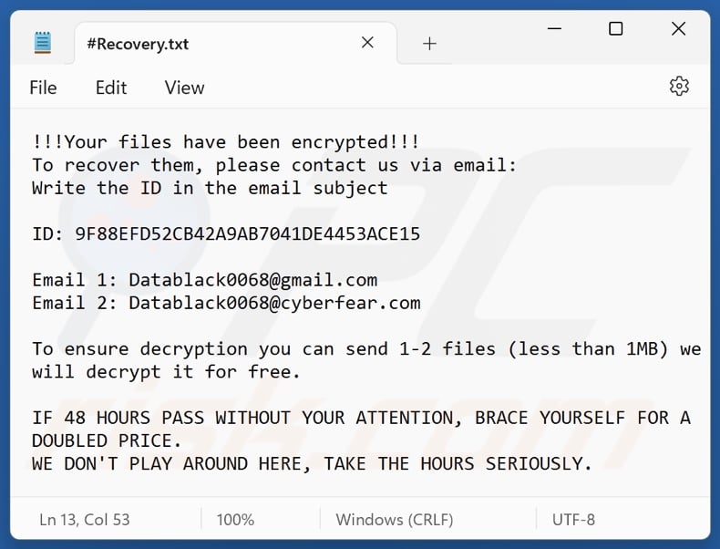 Datablack ransomware losgeldbrief (#Recovery.txt)