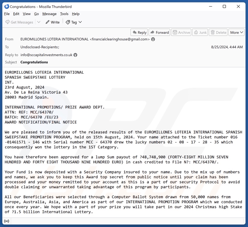 EUROMILLONES LOTERIA INTERNATIONAL spam e-mailcampagne