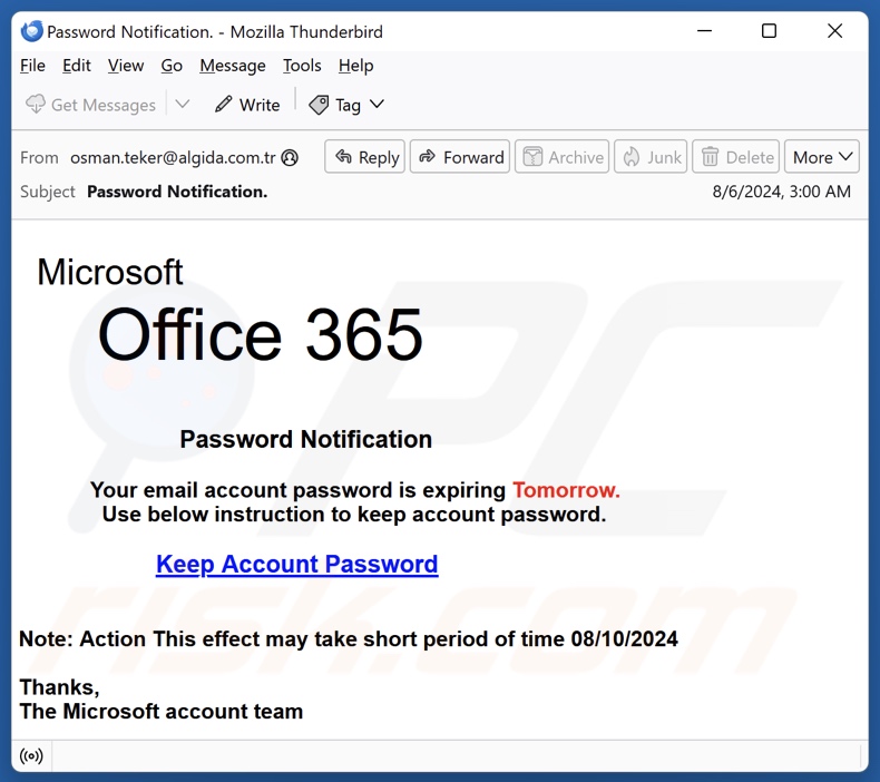 Microsoft Office 365 - Password Notification spam e-mailcampagne