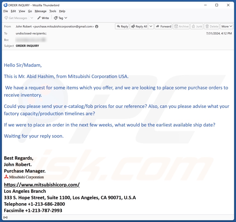 Mitsubishi Corp. spam e-mailcampagne