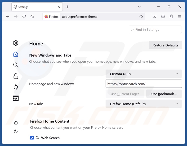 Toptosearch.com verwijderen uit de startpagina van Mozilla Firefox