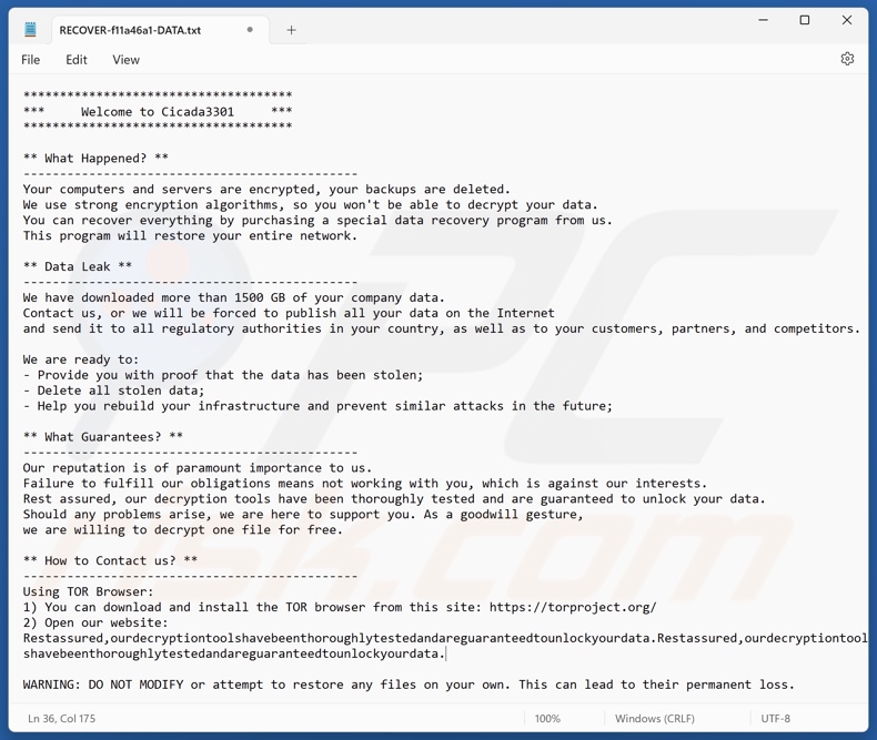 Cicada 3301 ransomware losgeldbrief (RESTORE-[file_extension]-DATA.txt)