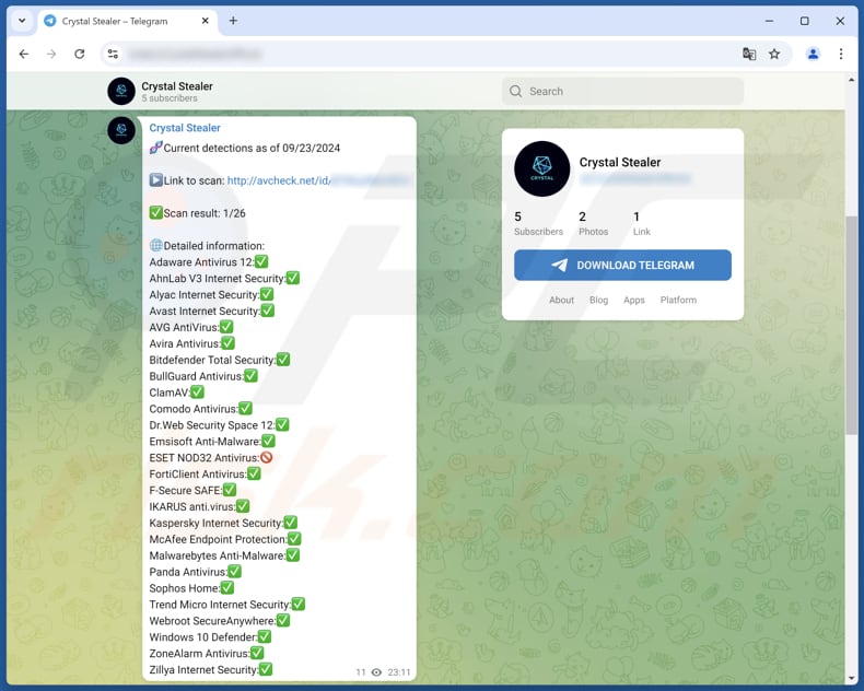 Crystal Stealer gepromoot op Telegram