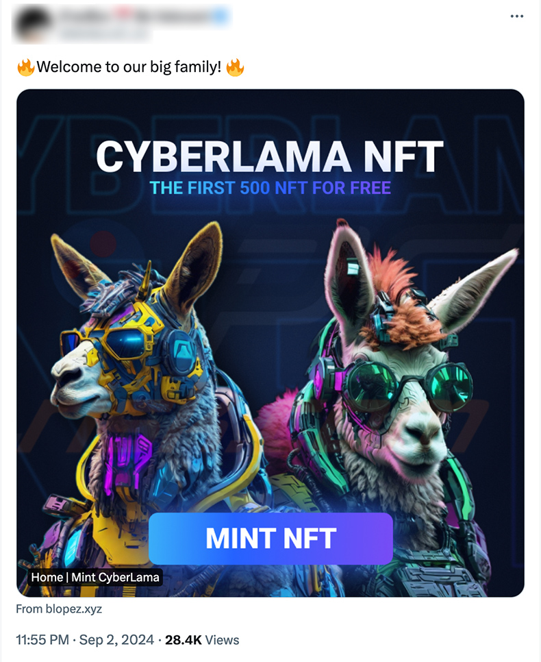 X (Twitter) post ter promotie van CyberLama Mint oplichterij