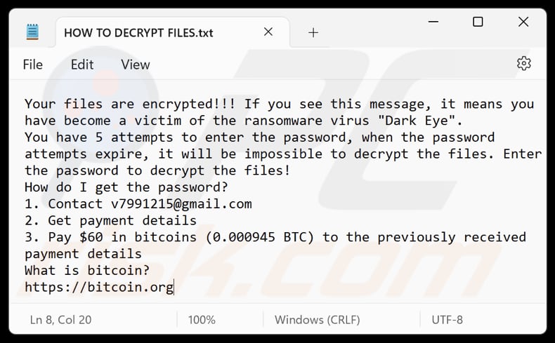 Dark Eye ransomware tekstbestand (HOW TO DECRYPT FILES.txt)