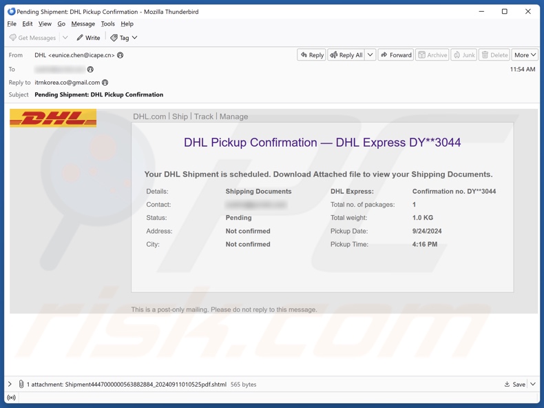 DHL Pickup Confirmation spam e-mailcampagne