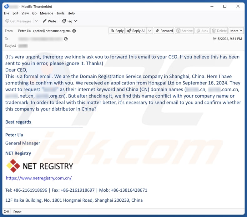 Domain/Company Name Conflict spam e-mailcampagne