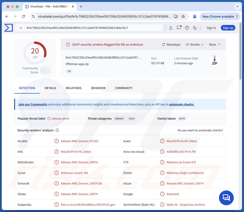 Effetman.app adware-detecties op VirusTotal