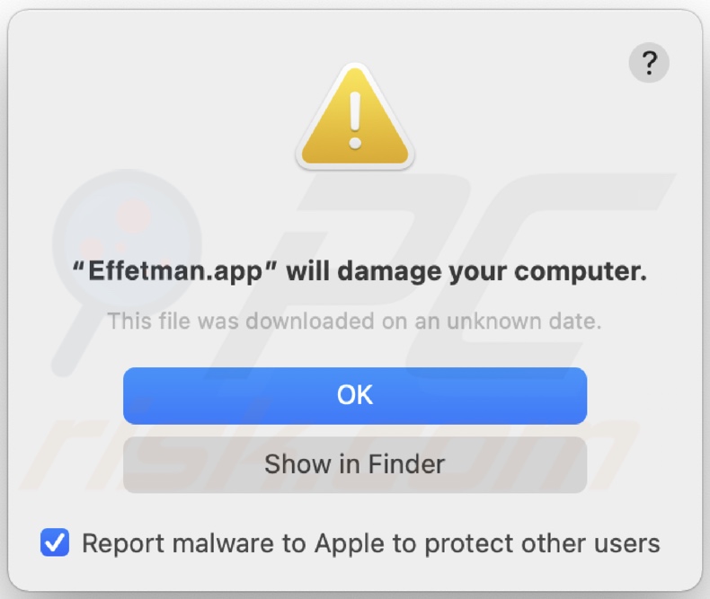 Pop-up weergegeven wanneer Effetman.app adware is gedetecteerd op het systeem