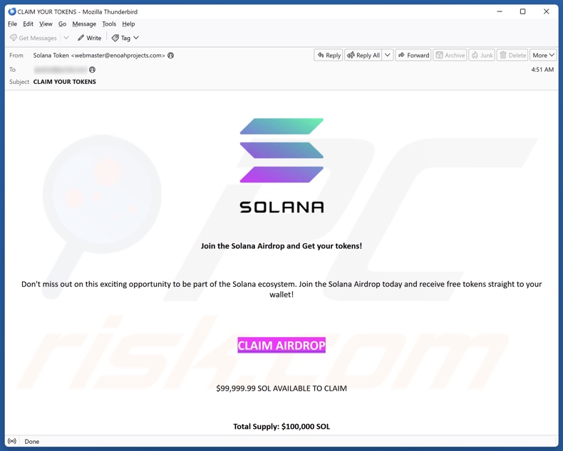 Verschijning van een spam-e-mail die deze Solana Giveaway zwendel ondersteunt