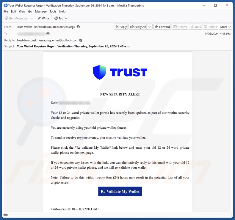 Trust Wallet - New Security Alert spam e-mailcampagne