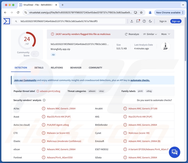 Wrongfully.app adware detecties op VirusTotal